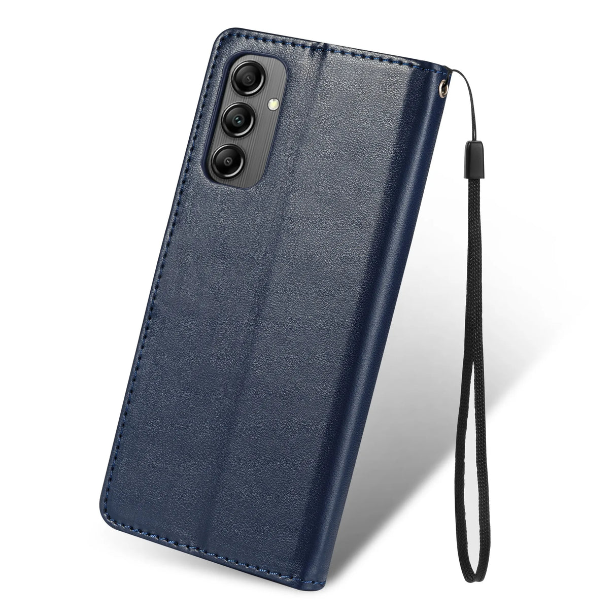 Navy blue leather flip case for a smartphone with a wrist strap.