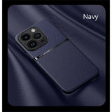 The back of a navy blue leather iphone case