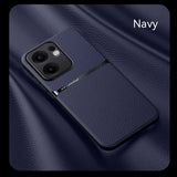 Navy blue leather phone case with a camera cutout.