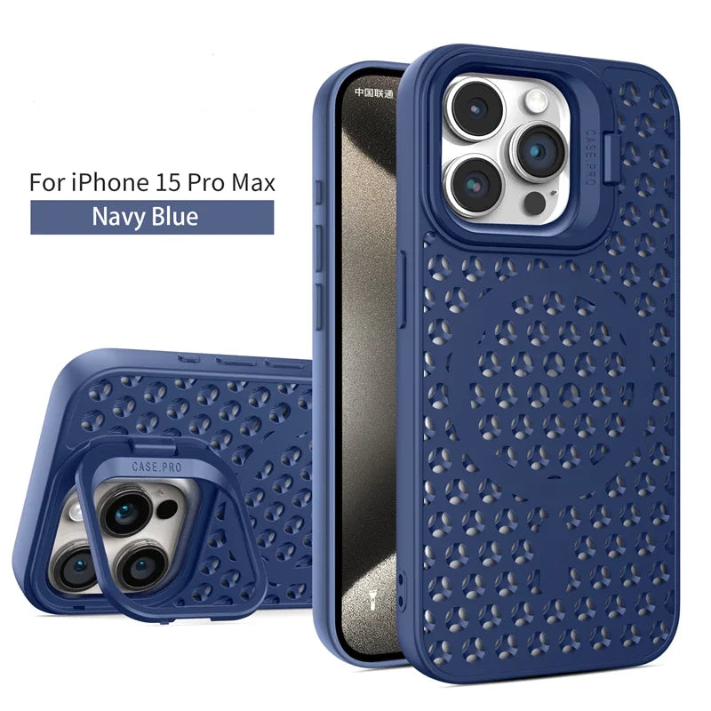 Navy blue protective case for iPhone 15 Pro Max with a textured honeycomb pattern.