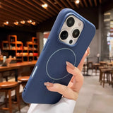 Navy blue silicone iPhone case with a magnetic ring.