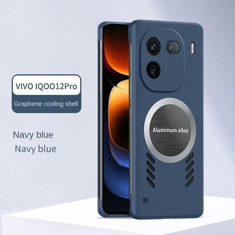 Navy blue smartphone with a circular aluminum alloy element and triple camera setup on the back.