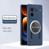 Navy blue smartphone with a circular aluminum alloy element and triple camera setup on the back.