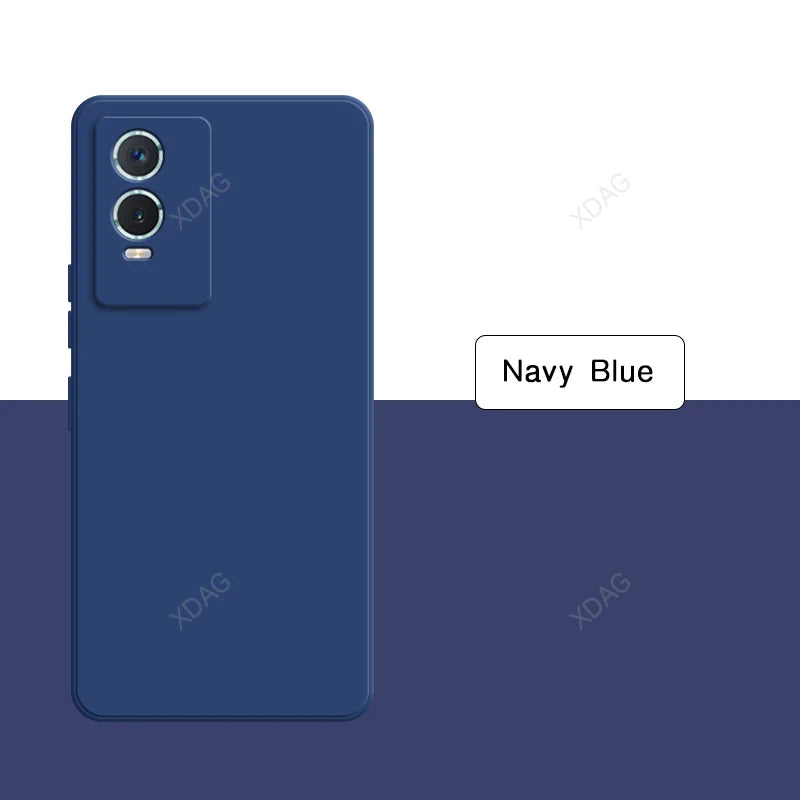 Navy blue smartphone with dual rear cameras.