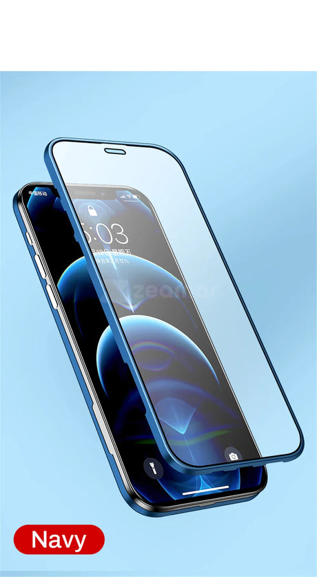 Navy blue smartphone with a protective glass screen cover.