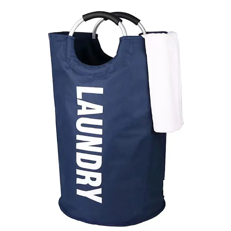 a navy laundry bag with a white handle