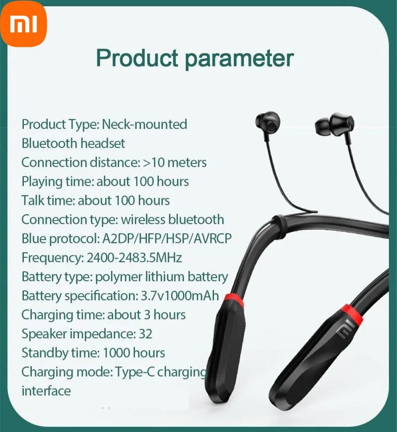 Neck-mounted Bluetooth headset with earbuds connected by a flexible band.