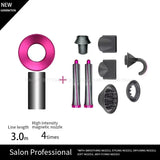 a close up of a pink hair dryer with a lot of tools