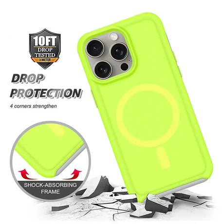 The neon green iphone case is shown with the logo