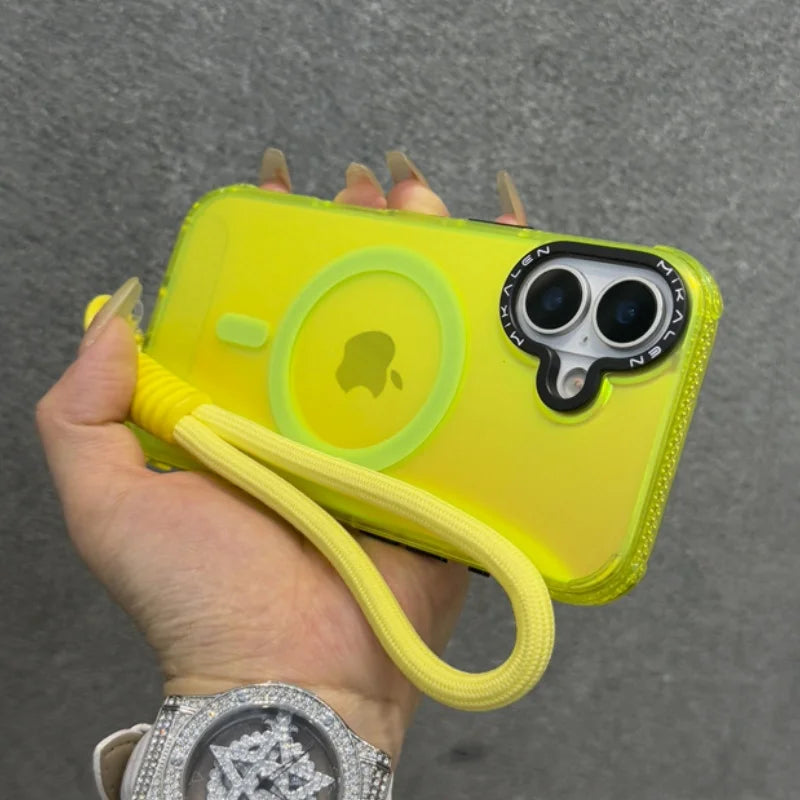 Neon yellow transparent phone case with a wrist strap.