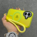 Neon yellow transparent phone case with a wrist strap.