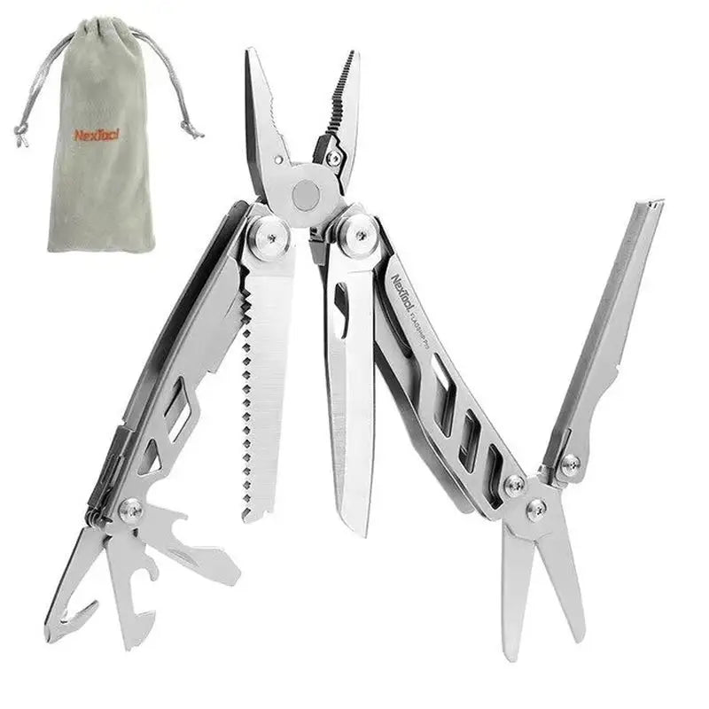 a multi tool with a bag and a pair of pliers