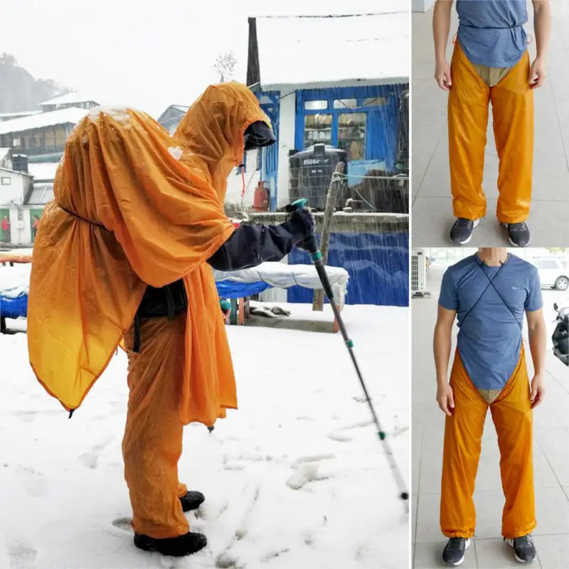 a man in a yellow outfit is standing in the snow