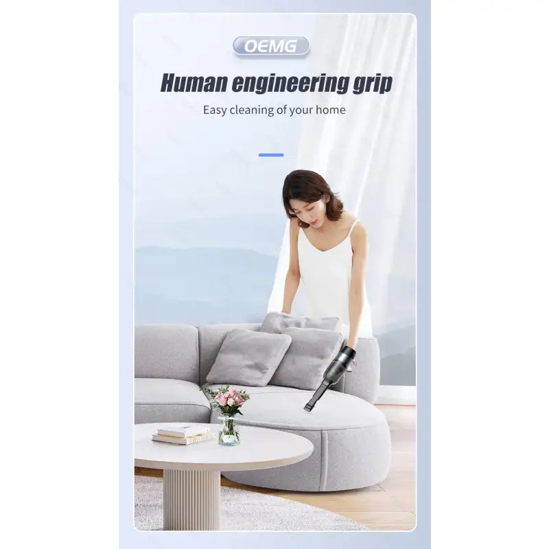 a woman vacuuming a couch with a vacuum cleaner