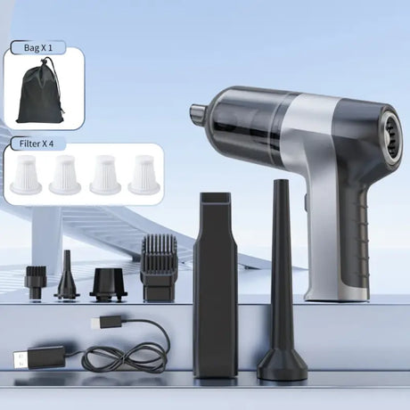 a close up of a hair dryer with a lot of accessories