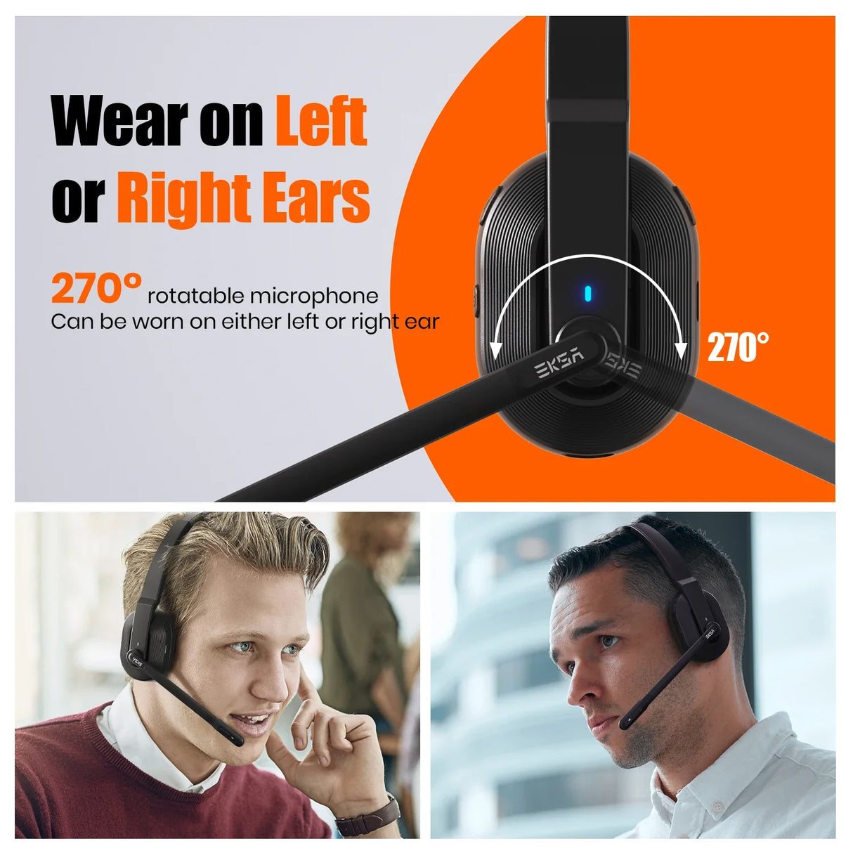 Gaming or office headset with a rotatable microphone that can be worn on either ear.