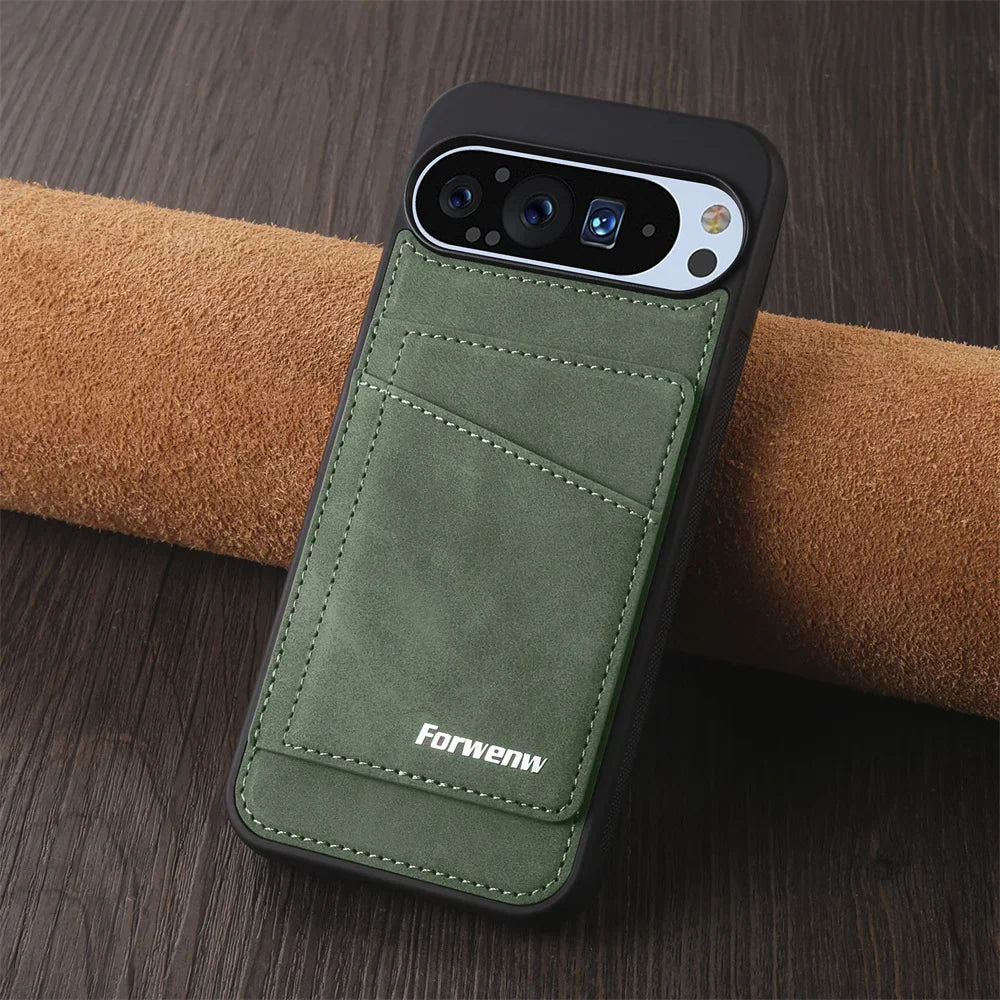 Olive green phone case with card slots.
