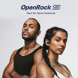 Open ear sports earphones worn by two athletic models.