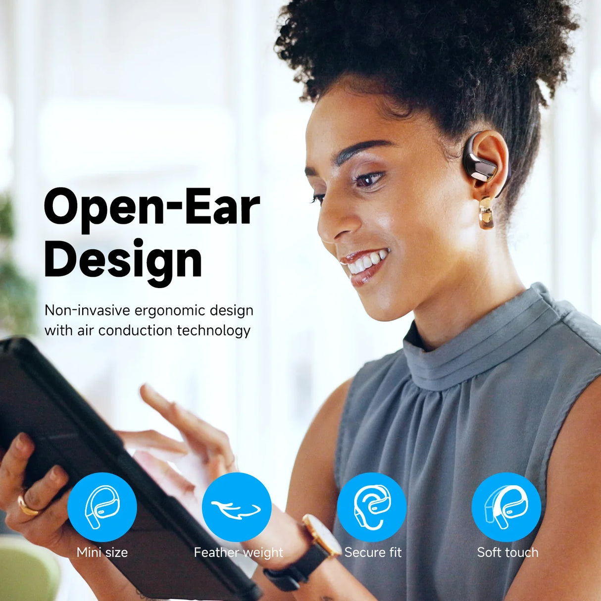 Open-ear wireless earbuds with air conduction technology.