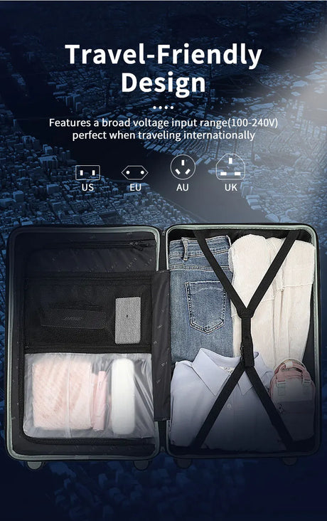 Open suitcase packed with clothing and travel essentials, showcasing its travel-friendly design features.