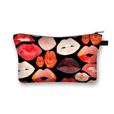 a black and red makeup bag with lipstick prints