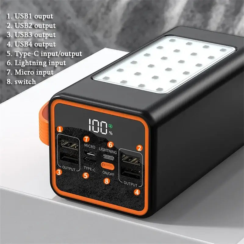 an orange and black power strip with a white light