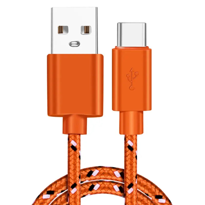 an orange braided usb cable with a white background