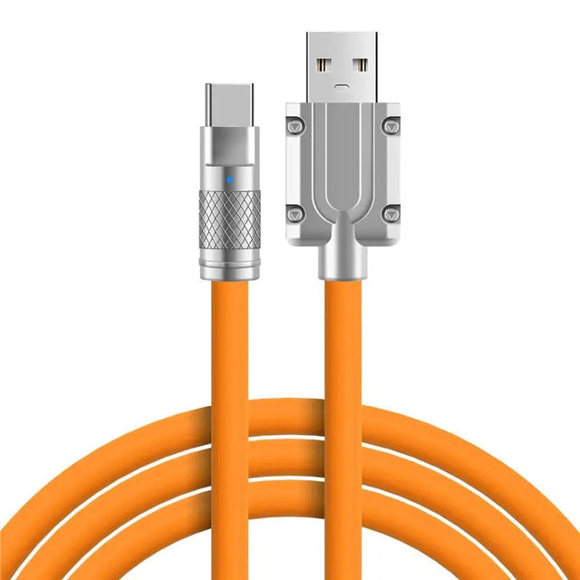 an orange usb cable with a white background