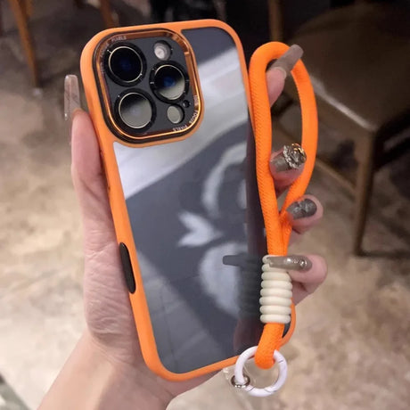 An orange and clear iPhone case with a matching lanyard.