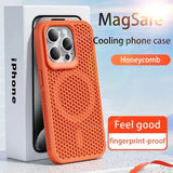 Orange honeycomb-textured cooling phone case for an iPhone.