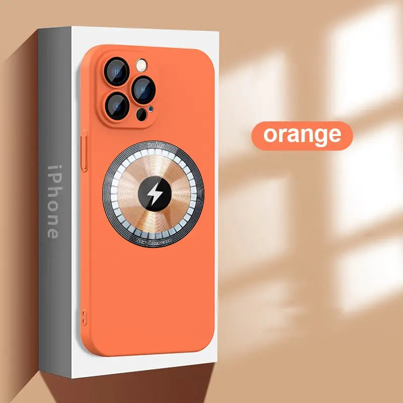 an orange iphone case with a lock on it