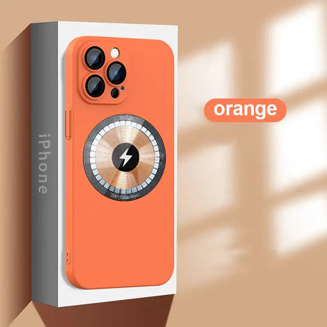 an orange iphone case with a lock on it