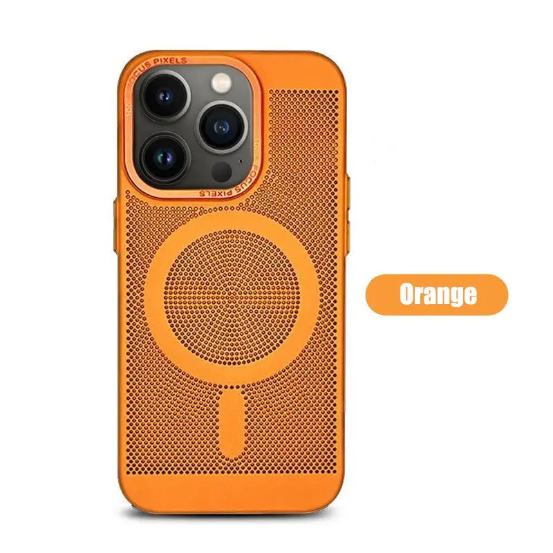 orange iphone case with a microphone on it