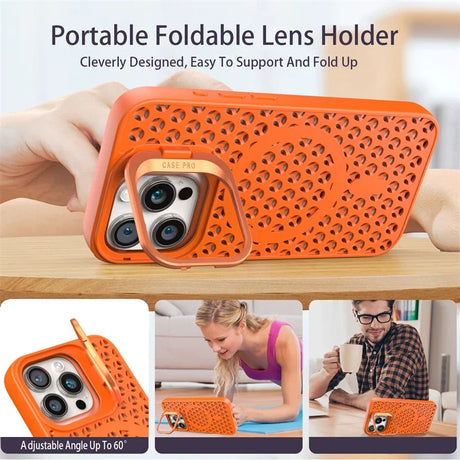 Orange perforated smartphone case with a foldable stand feature.