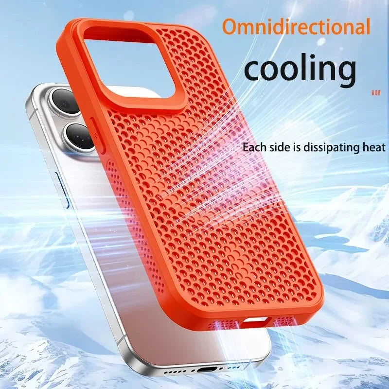 Orange perforated smartphone case designed for omnidirectional cooling.