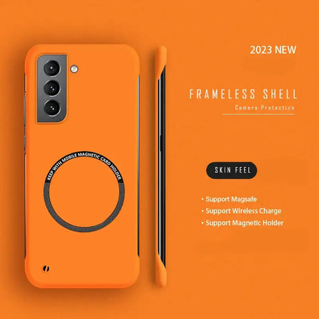 the orange phone case is shown with the logo on it