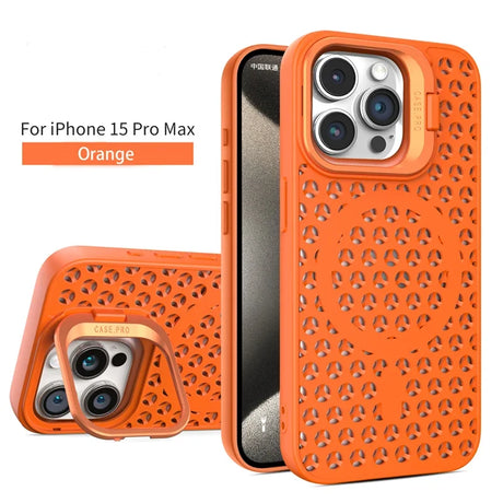 Orange protective case for iPhone 15 Pro Max with a perforated circular pattern design.