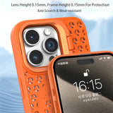 Orange protective phone case with a decorative cutout pattern and raised camera lens protection.