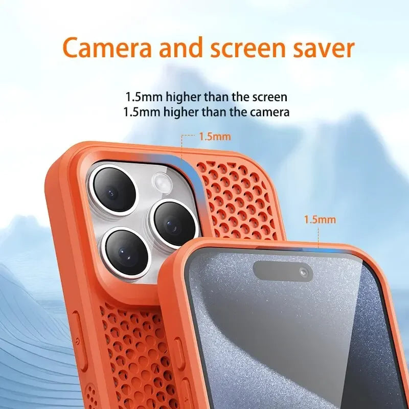 Orange protective phone case with a honeycomb pattern and raised edges around the camera and screen.