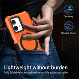 Orange protective phone case with a built-in kickstand and ring holder.