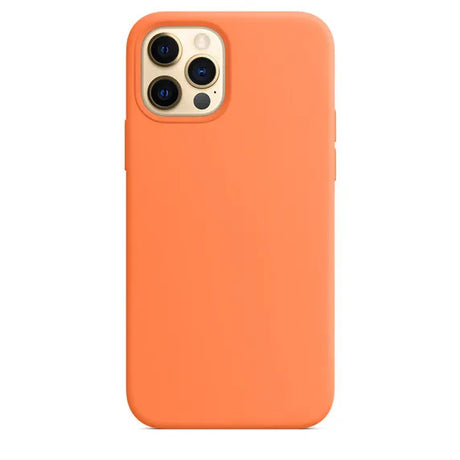 Orange silicone phone case for an iPhone with a camera cutout.