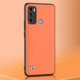 Orange smartphone with a black frame and triple camera system.