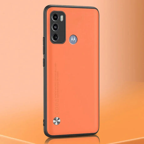 Orange smartphone with a black frame and triple camera system.