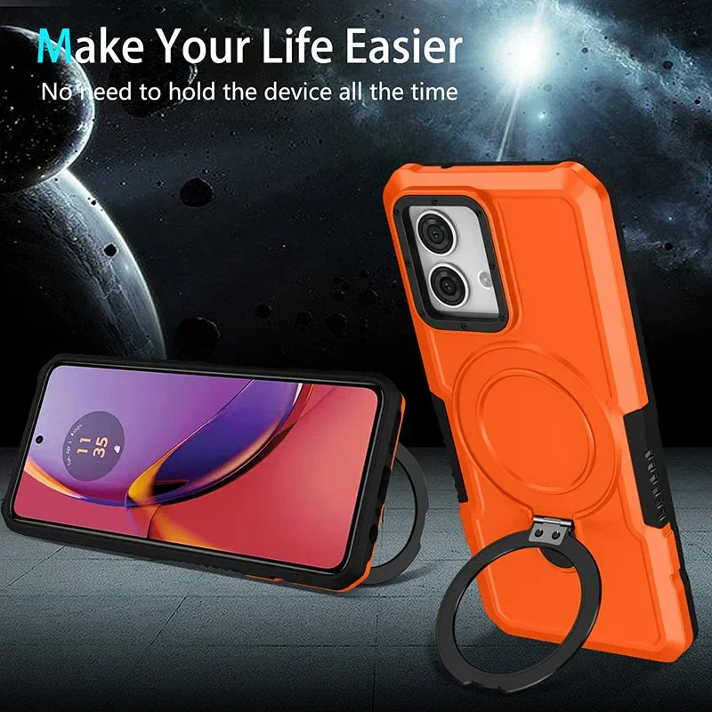 Orange smartphone case with a built-in ring holder and stand functionality.