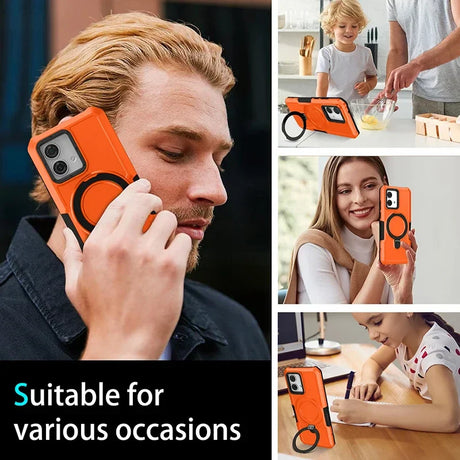 Orange smartphone case with a built-in ring holder.