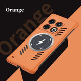 Orange smartphone case with a circular charging pad and decorative camera lens design.