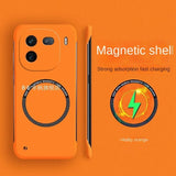 Orange smartphone case with a circular magnetic charging attachment.