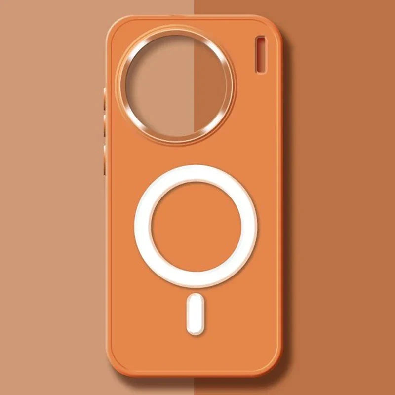 Orange smartphone case with a circular cutout and a MagSafe charging ring.