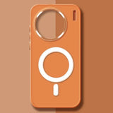 Orange smartphone case with a circular cutout and a MagSafe charging ring.