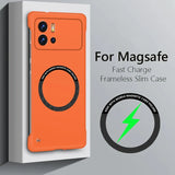 Orange smartphone case with a circular magnetic charging area and dual camera cutout.